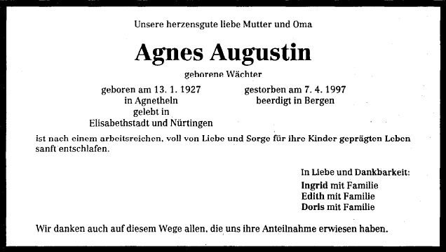 Waechter Agnes 1927-1997 Todesanzeige